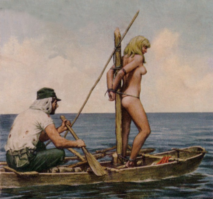 Naked girls tied to a boat